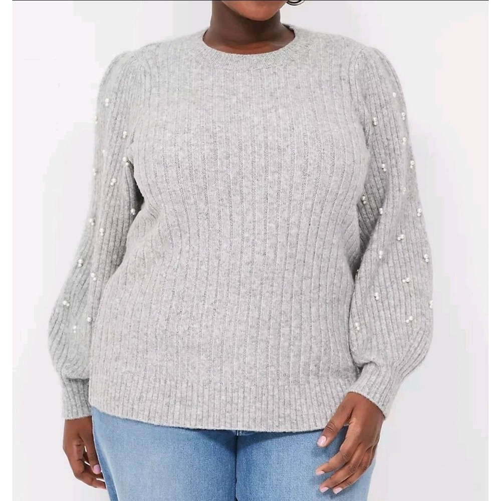Lane Bryant Women's 22/24 Gray Long Sleeve Sweater With Faux "Pearl" Accents